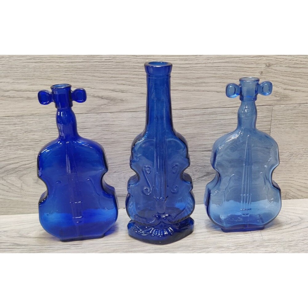 Set Of 3 Vintage Cobalt Blue Glass Violin Fiddle Bottles